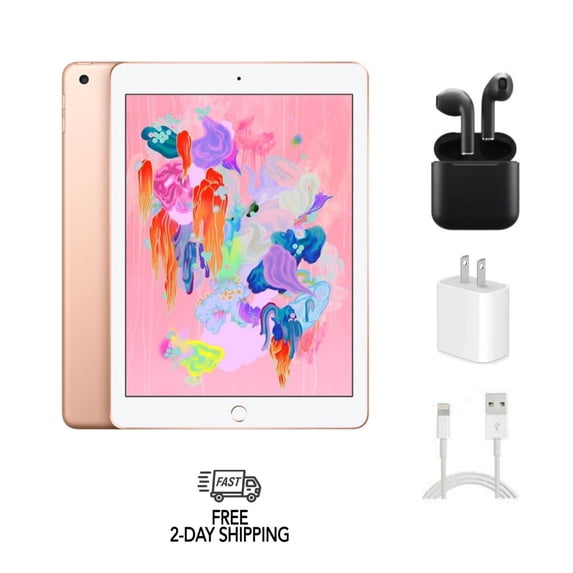 Pre-Owned Apple iPad 6th Gen A1954 (WiFi + Cellular Unlocked) 32GB Gold Bundle with Wireless Earbuds