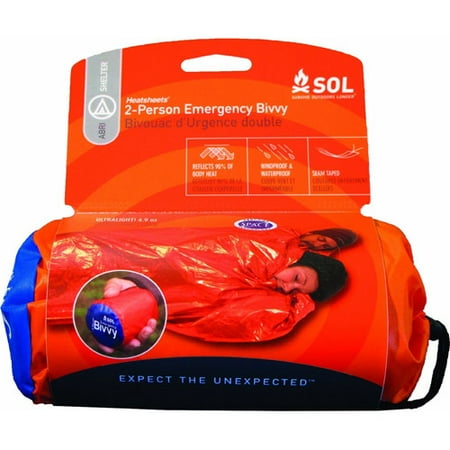 Sole Survival Kit S.O.L. Survive Outdoors Longer 2-Person Emergency Bivvy, 90 Percent Heat Reflective, Durable Personal Shelter, Lightweight Emergency Survival Sleeping Bag Sack, Drawstring Bag, Water-Resistant, 4.9oz ()