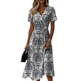 thumbnail image 3 of Boho Floral Print A Line Midi Casual Dress Women's V Neck Short Sleeve Dress Summer Outfit Flowy Lightweight Party Wear Vacation Retro Chic Gray XXL, 3 of 6