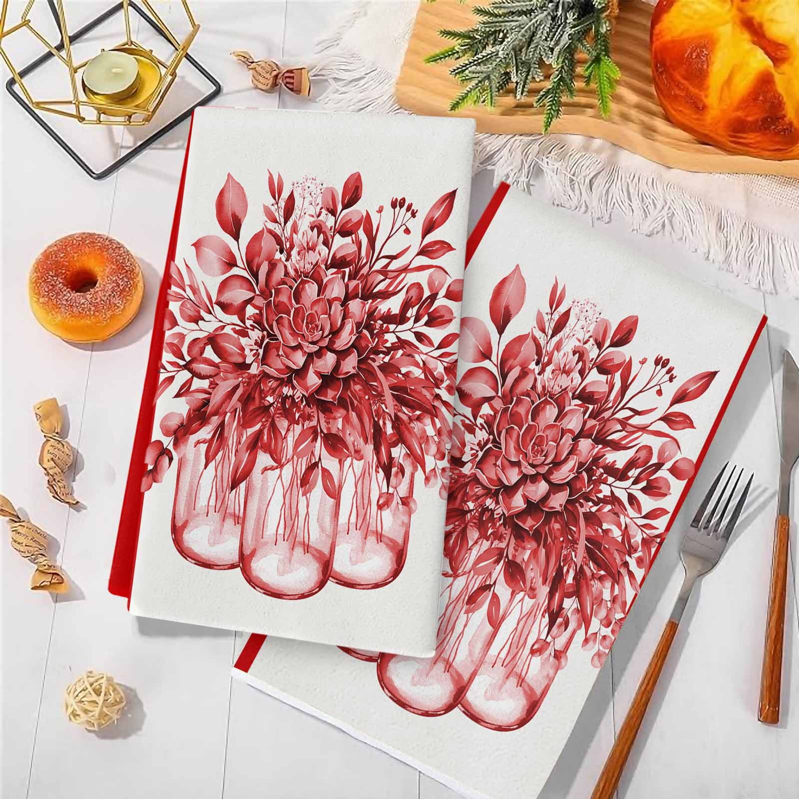 Dish Towels, Red Eucalyptus Leaves Absorbent Kitchen Towels 2 PCS, Floral Vase Stripes Microfiber Hand Towels Dish Cloths Tea Towels for Home&nbsp;Bathroom Cleaning Drying,18X28-Inch,