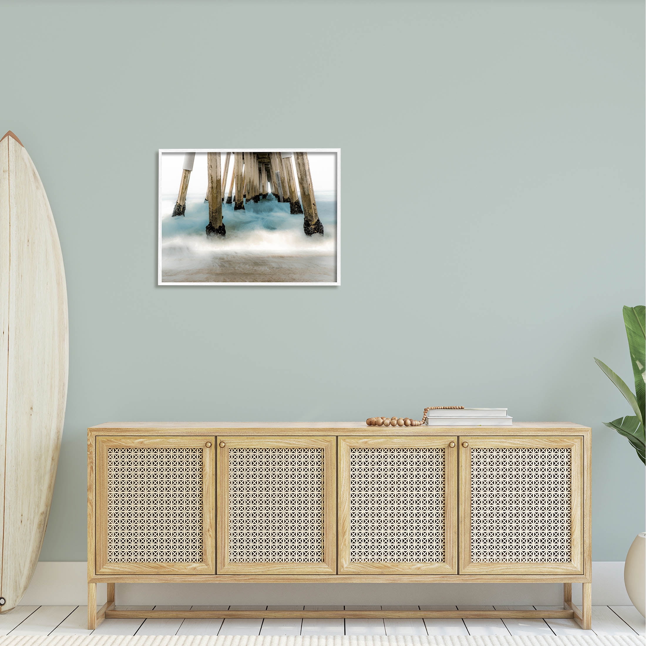 Waterfront Pier Splashing Sea Waves Coastal Graphic Art White Framed Art Print Wall Art