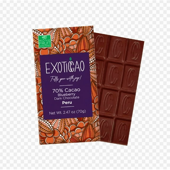 EXOTICCAO 8 Pack Blueberry Dark Chocolate Bars - No sugar added|Gluten Free, Dairy Free, Vegan, Keto Friendly, Plant Based, Non-GMO | 70% Cacao | 2.47 oz Each (8)