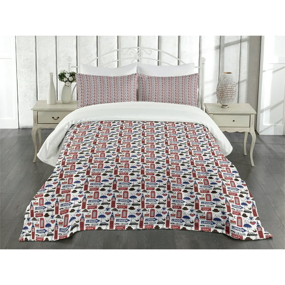 Ambesonne London Quilted Bedspread Set 3 Pcs, UK English Landmarks, King Size, Multicolor