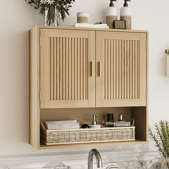 Semiocthome Wall Mounted Bathroom Cabinet Medicine Cabinet with Adjustable Shelves, Wood Fluted Doors,Oak