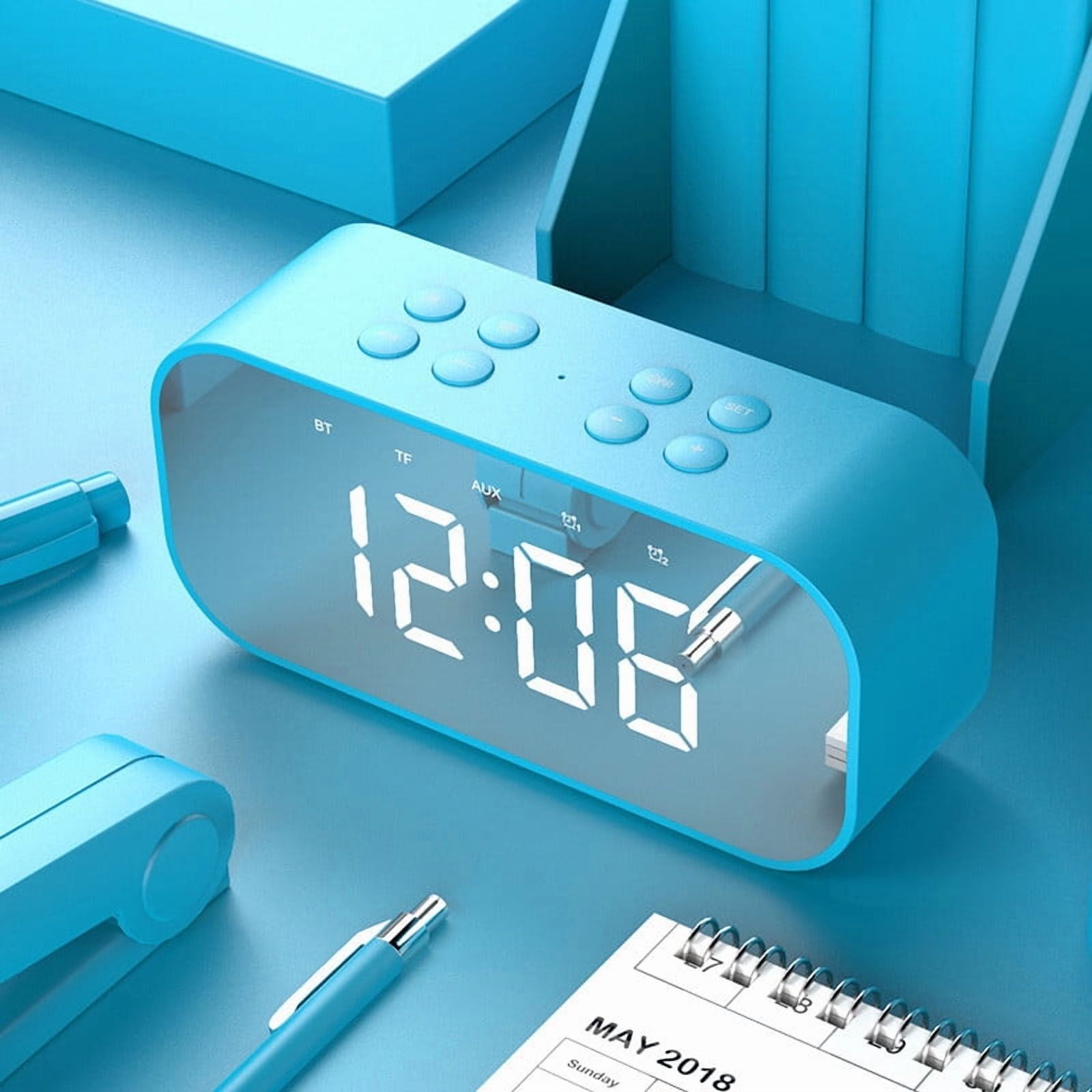 Alarm Clock with Bluetooth Speaker, Alarm Clock for Bedroom/Office, LED Digital Alarm Clock, Large Display Easy to Read Across,Makeup Mirror Multi-Function Desk Clock for Heavy Sleepers Adults(Blue)