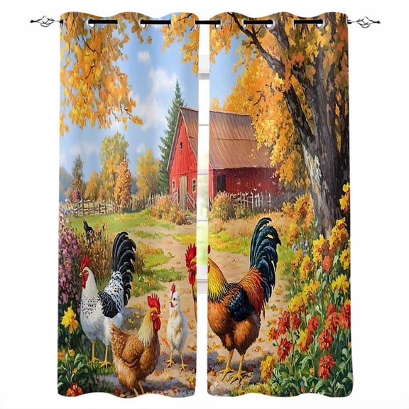 Yellow Retro Rooster Blackout Curtains for Bedroom/Living Room, Thermal Insulated Kitchen Curtains, Spring Floral Pastoral Animals Grommet Darkening Window Treatment Drapes 52"x84"x2