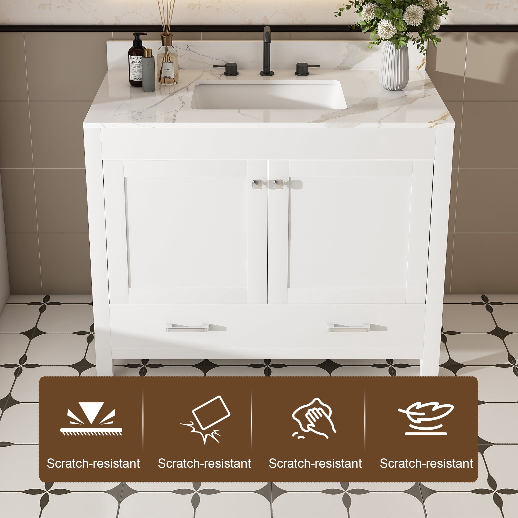 Mintazer 43 Inch Bathroom Vanity Cabinet with Sink, Bathroom Storage Vanity with Drawer & 3‑Hole Ceramic Sink Sintered Stone Countertop, Backsplash for Bathroom, White