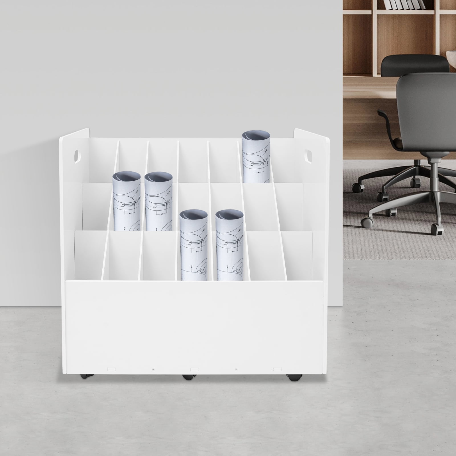 White Print Storage Organizer with Wheels, 21 Slots Mobile Blueprint Storage Rack Cart, Construction Plan Holder Roll Files Cart Map Poster Storage Cabinet for Office Home School