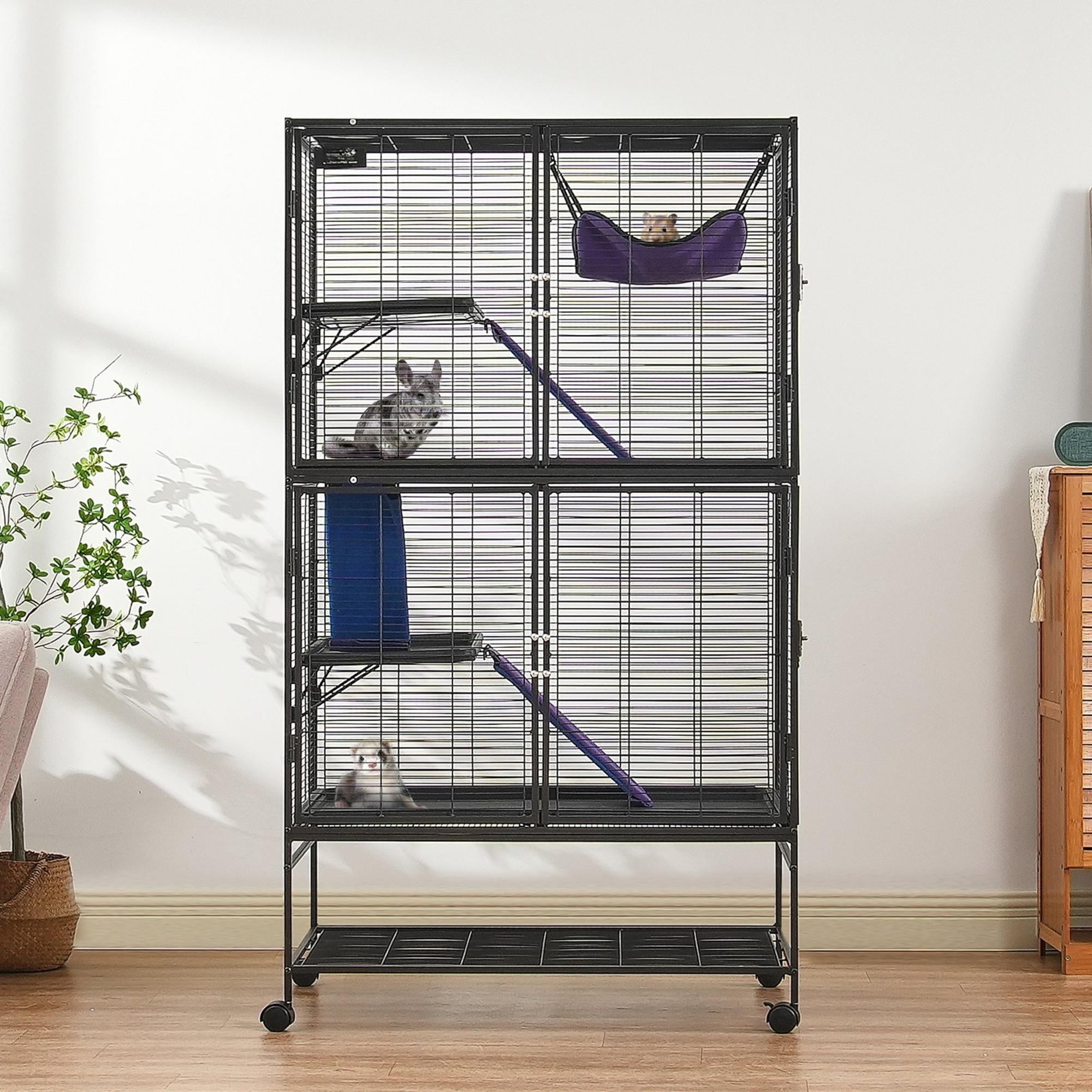 64.6" Rolling Metal Ferret Cage with Ramps, Tray, 4 Tiers, Easy Setup for Rats, Hamsters, Guinea Pigs