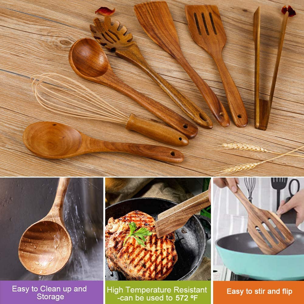Beauty Kate Wooden Kitchen Utensil Set 5 Cooking Utensils Spatula Spoons for Cooking Nonstick Cookware 100% Handmade by Natural Teak Wood Without Painting 
