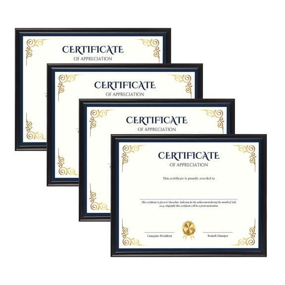 4-Pack 8.5x11 Classic Black Picture Frames, Certificate Frame for Wall Display