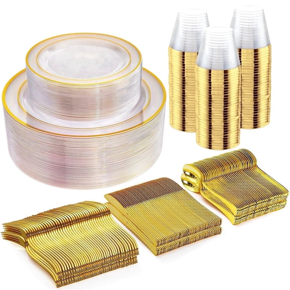 WELLIFE FESTIVE 300-Pcs Clear Gold Disposable Plastic Dinnerware Set, 50 Dinner & Dessert Plates, 50 Cups, 50 Silverware for Party Wedding Banquet