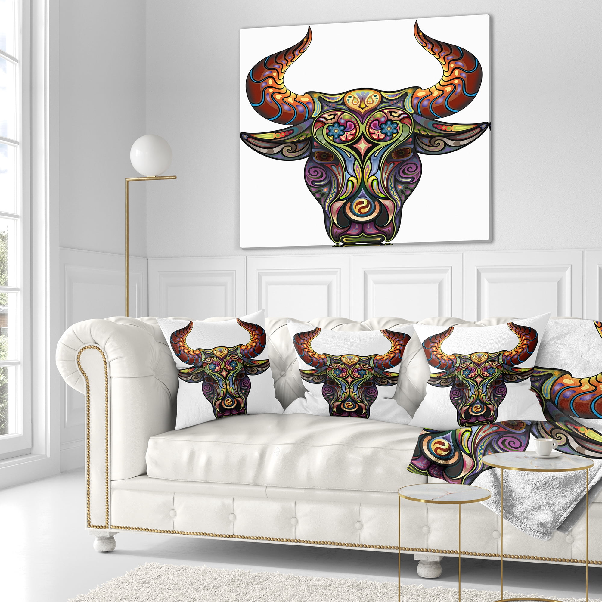Designart Ornamental Bull - Animal Throw Pillow - 18x18