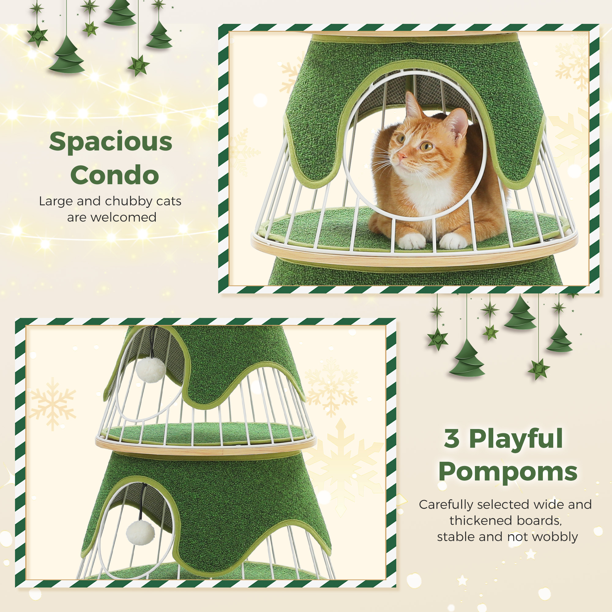 PAWZ Road 51.2" Christmas Cat Tree for Indoor Cat Modern Cat Tower with 3 Cat Condos and Scratch Post, Green