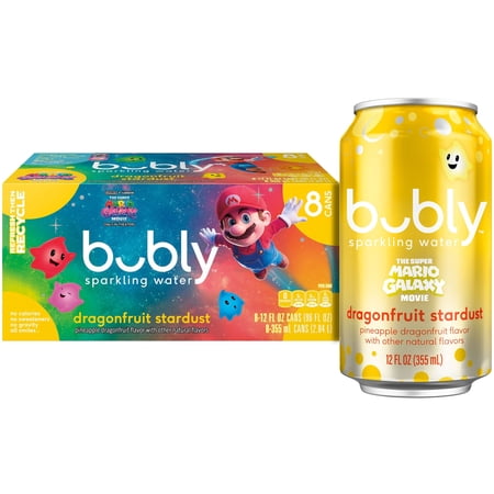 bubly Sparkling Water, The Super Mario Galaxy Movie Dragonfruit Stardust, Zero Sugar & Zero Calories, 12 fl oz Cans (8 pack)