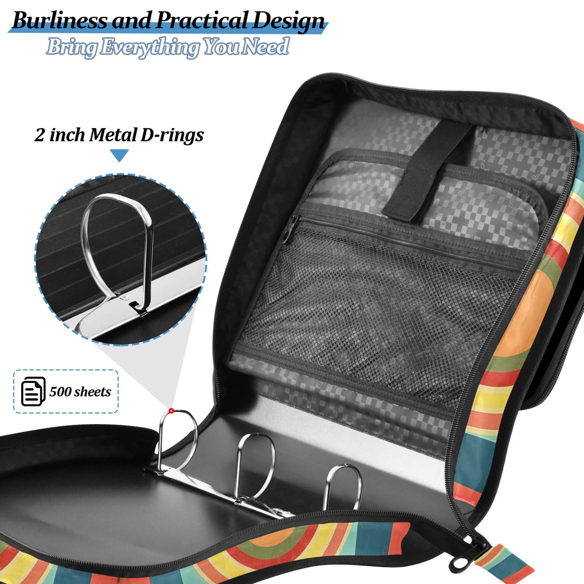 FORMRS Zipper Binder with Shoulder Strap 2-inch Ring 500 Sheet Capacity File Bag, Colorful Stripes