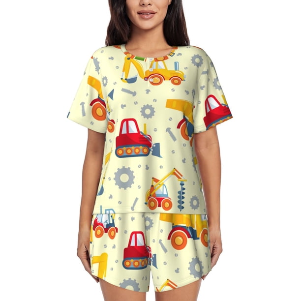 Fotbe Heavy Equipment Conjunto de Pijama Estampado para Mujer, 2 Piezas, Ropa de Dormir con Camiseta de Manga Corta y Shorts Suaves-Medium