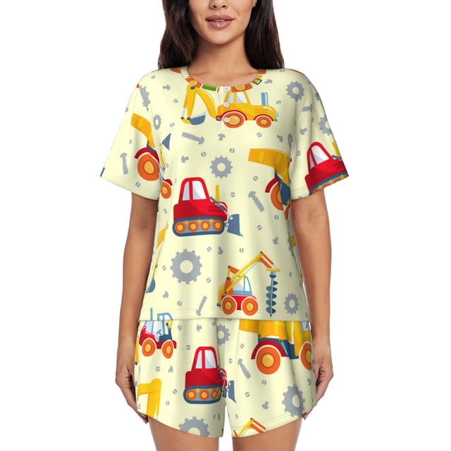 Balery Heavy Equipment Conjunto de Pijama para Mujer con Estampado, Dos Piezas de Manga Corta y Shorts, Ropa de Dormir Suave con Cuello Redondo y Bolsillos-Small