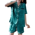thumbnail image 2 of Blmnix Plus Size Pajamas Sleepwear for Women Sleepwear Sets Satin Pajama Pajama Green Collared Short Sleeve Cropped Pajama Pants Women,XXXL, 2 of 5