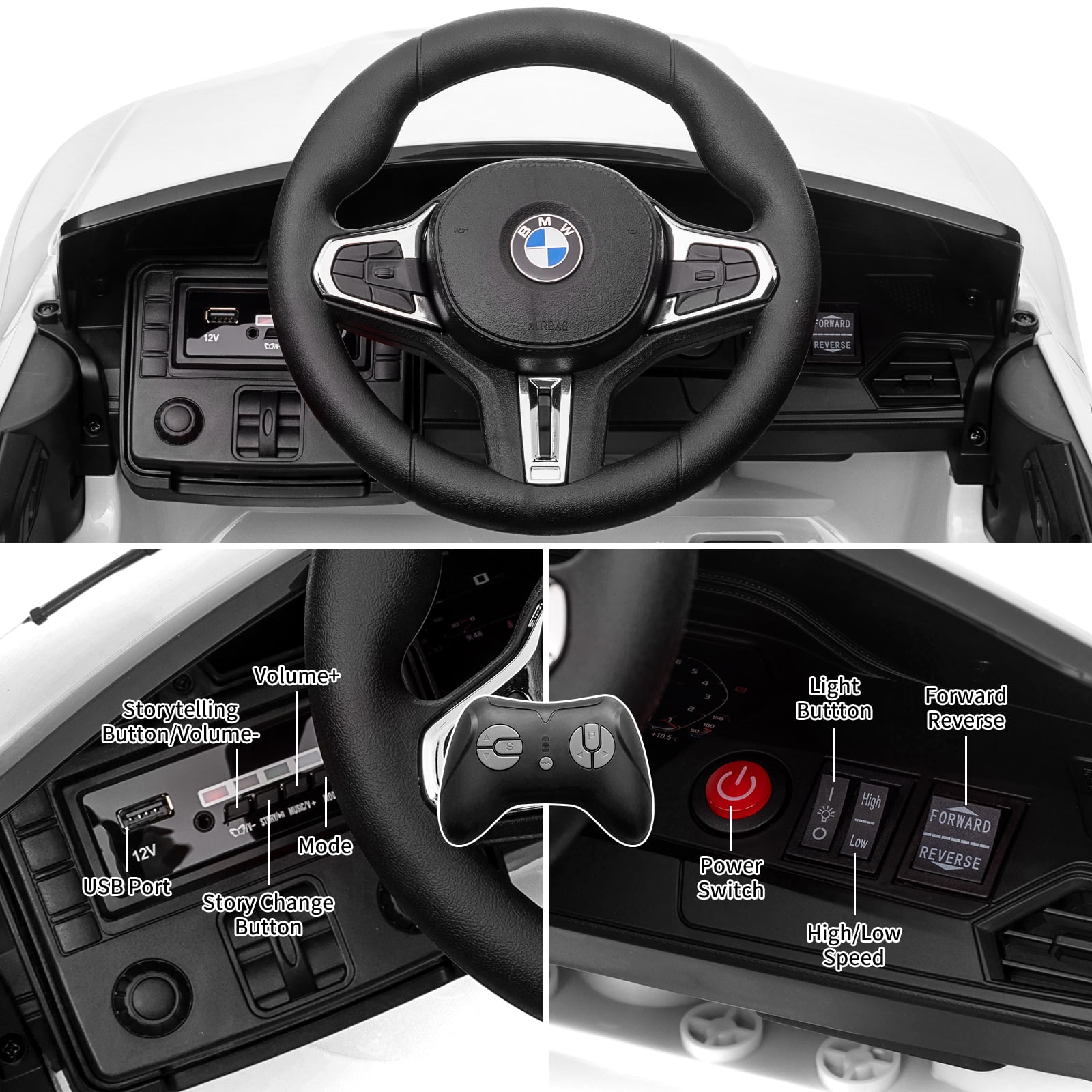 Joyspirit BMW M4 Licensed Remote Control Electric Ride-On Car for Kids - Bluetooth, 3-Speed, LED Lights, Suspension System, White, Ideal for Ages 37-83 Months