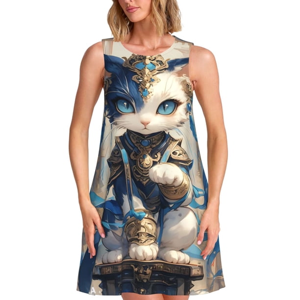 Balery Exotic Blue Cat Vestidos de verano para mujer con estampado: vestido holgado sin mangas, vestido playero informal y cómodo para días calurosos.