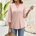 thumbnail image 2 of Bbyeadc Women's Blouses Casual 3/4 Length Sleeve V Neck Tops Button Solid Color Tee Elegant Work Pullover,Pink(XL), 2 of 5