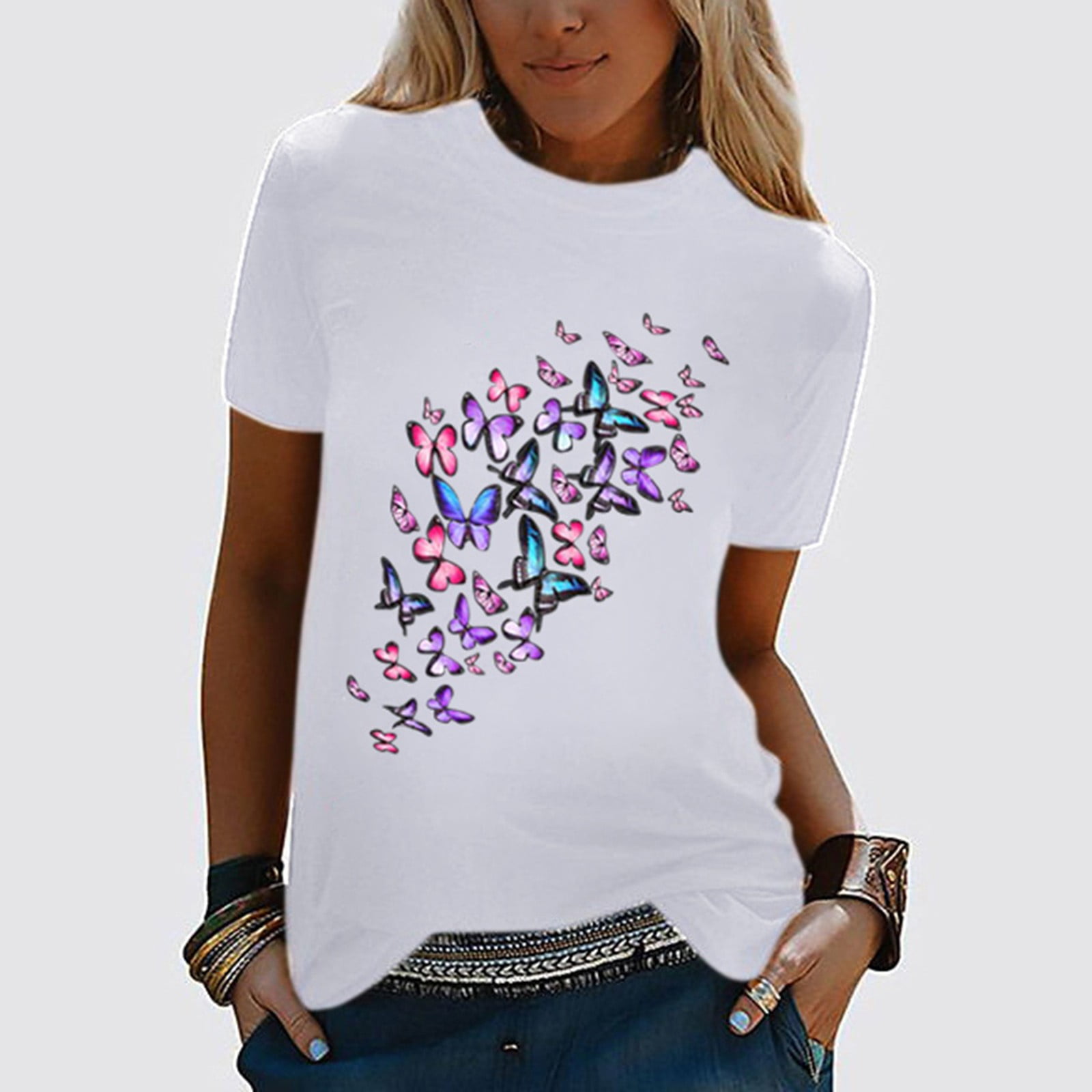 Girls Short Sleeve Tops,Butterfly,Springtime Geometric S-XXL Printed Crew Neck Casual Tee Tops