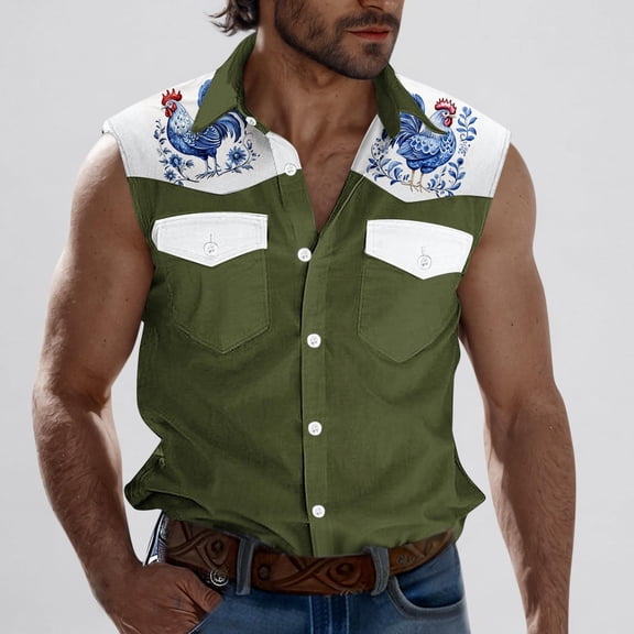 CLOISE Tank Tops for Men Big and Tall Sleeveless Shirts with Pockets Collared Casual Pullover Color Block Summer Blouses Green