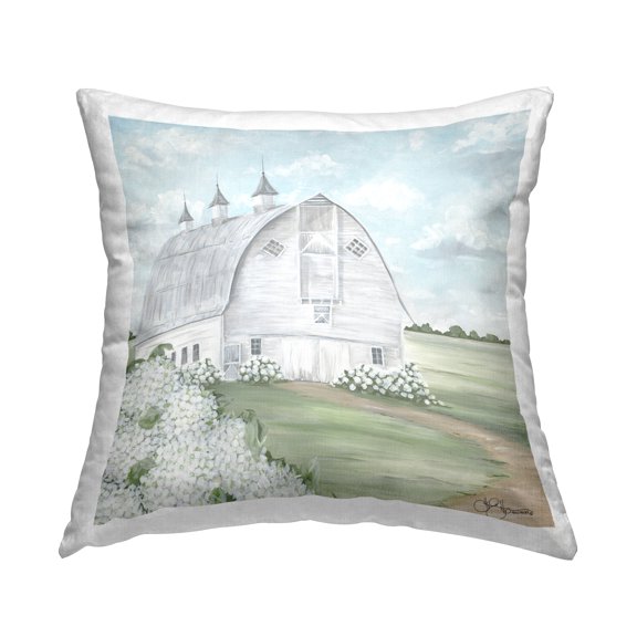 Stupell Industries White Country Barn Landscape Soft Hydrangeas Design by Hollihocks Art Throw Pillow