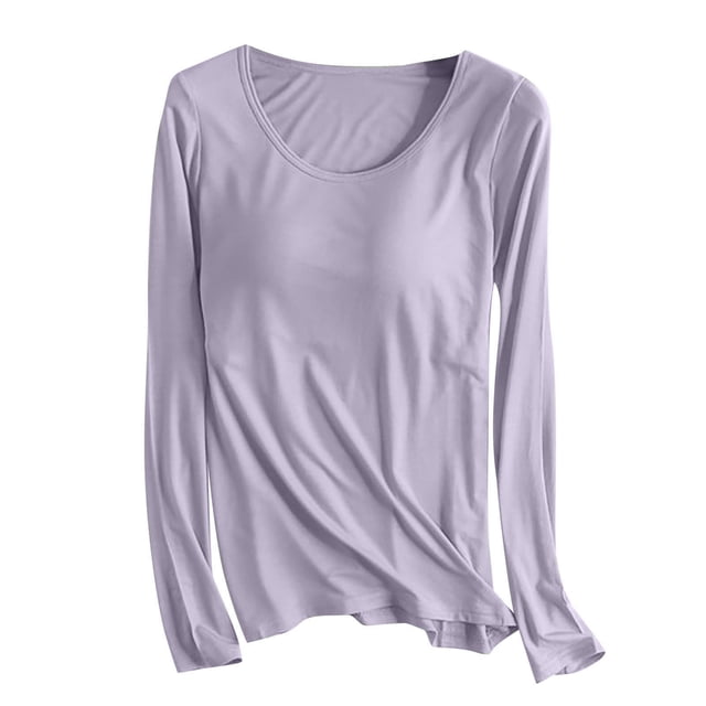 AherBiu Hauts Grande Taille pour Femmes Automne Manches Longues Pyjama Doux avec Soutien-Gorge Intégré Col Rond Confortable T-Shirts