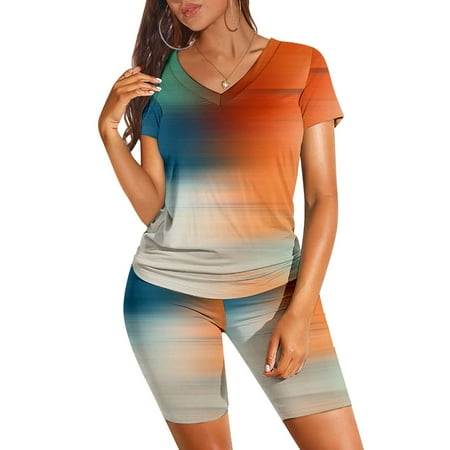 OJSFQUFP Womens Loungewear Set Orange Women s Gradient Print Short Sleeve V Neck Two Piece Outfits Shorts Set Basic Top & Shorts Set Comfortable Set M