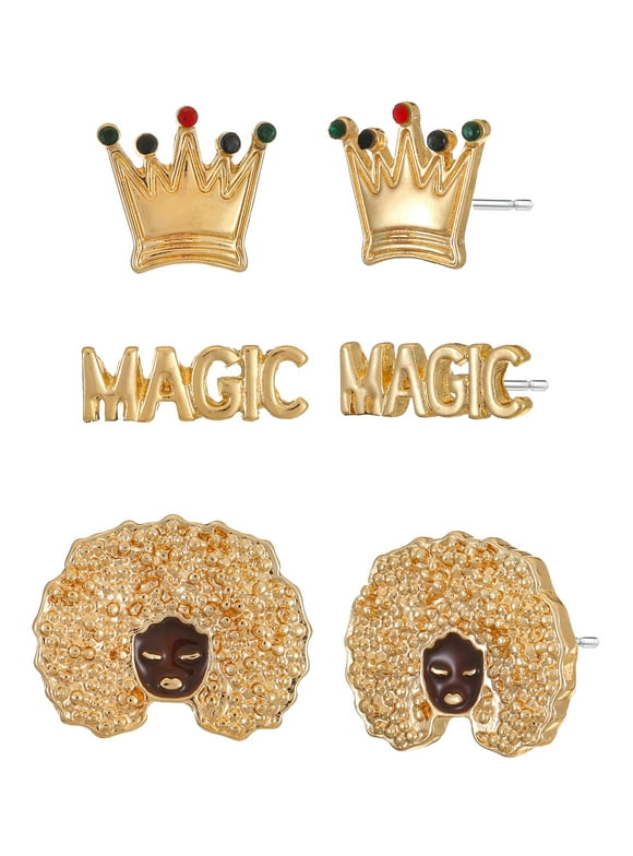 Black Heritage Girl Magic Gold-Tone Metal Stud Earrings, 3-Piece Set