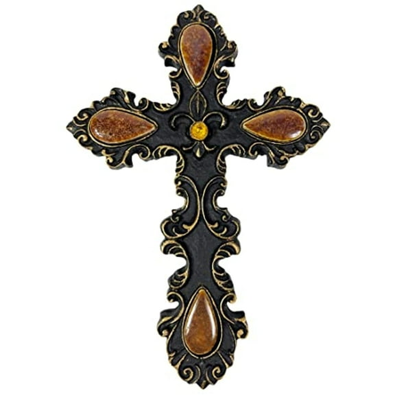 Urbalabs Western 9 Inch Wall Cross Fleur De Lis Yellow Stone Cross Rustic Cowboy Religious Wall Hanging Cross Country Wall Decor Room Decoration Office Church Home