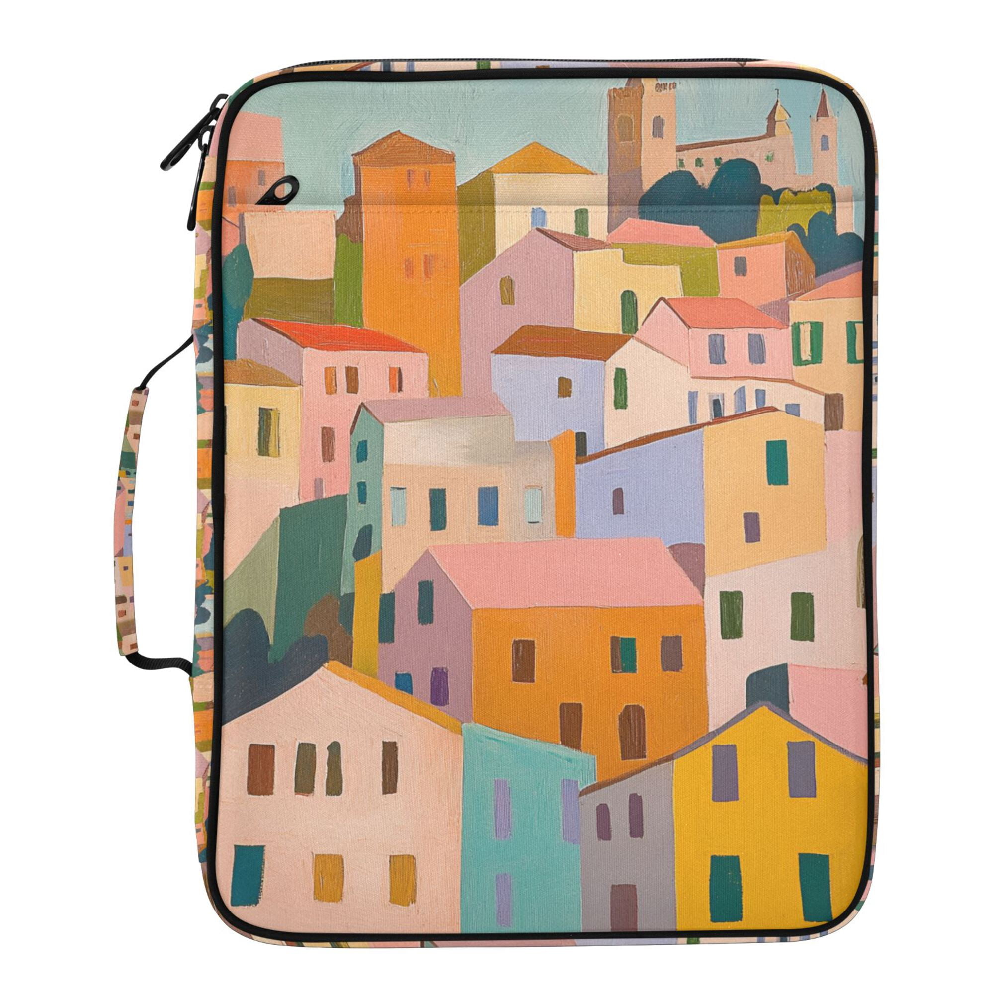 FORMRS Accordion File Folder A4 Size 7-Pocket Expanding Document Organizer Bag with 3 Ring Binder, Orange Cityscape Painting