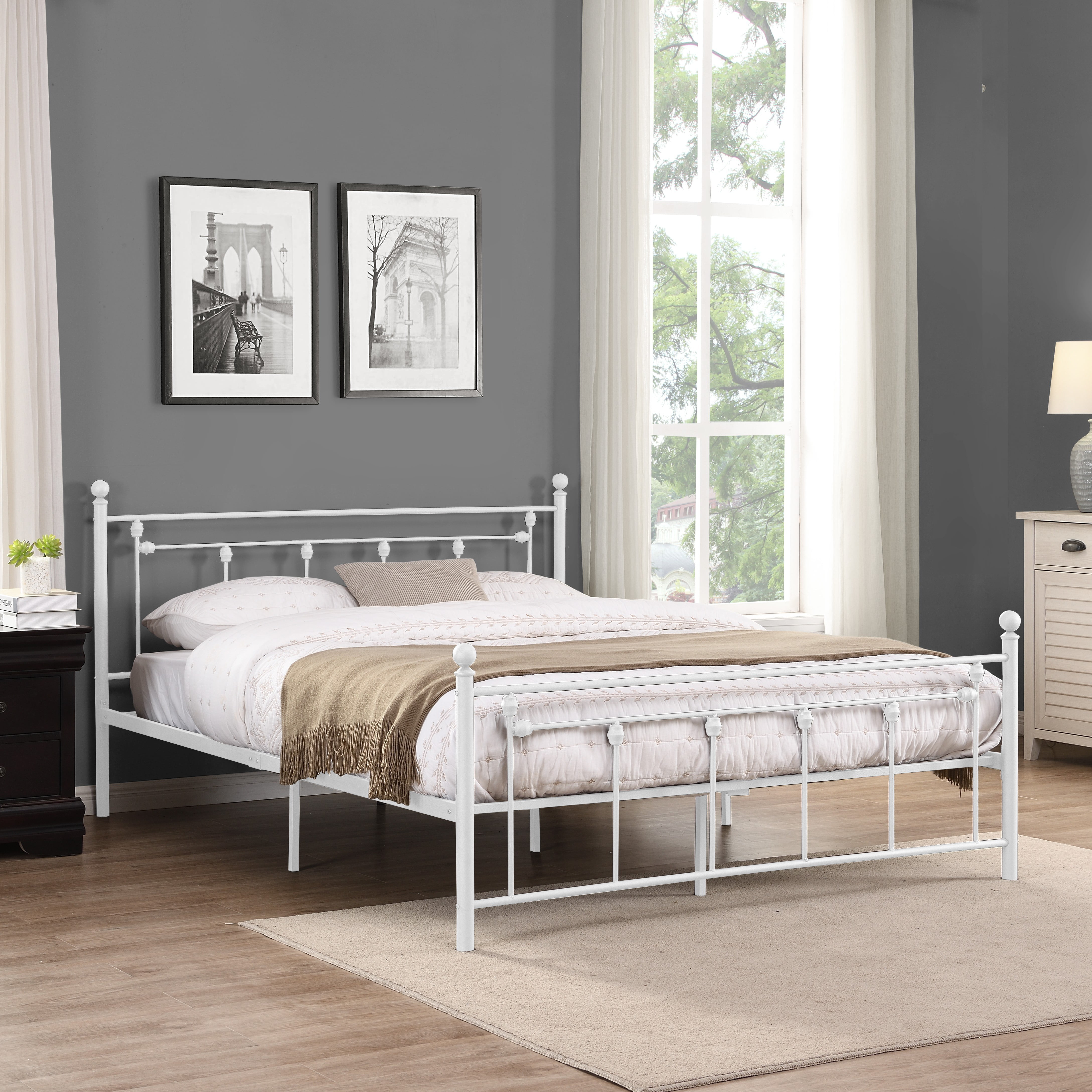 Metal Bed Frame Double Size Footboard Steel Slat Support Foundation Assemble easily 