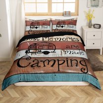 Manfei Kids Teens Adults Vintage Camper 3pcs Duvet Cover King,Retro Cabin Cottage Ultra Soft Bedding King Size,Happy Camping Microfiber Comforter Cover King(No Comforter)