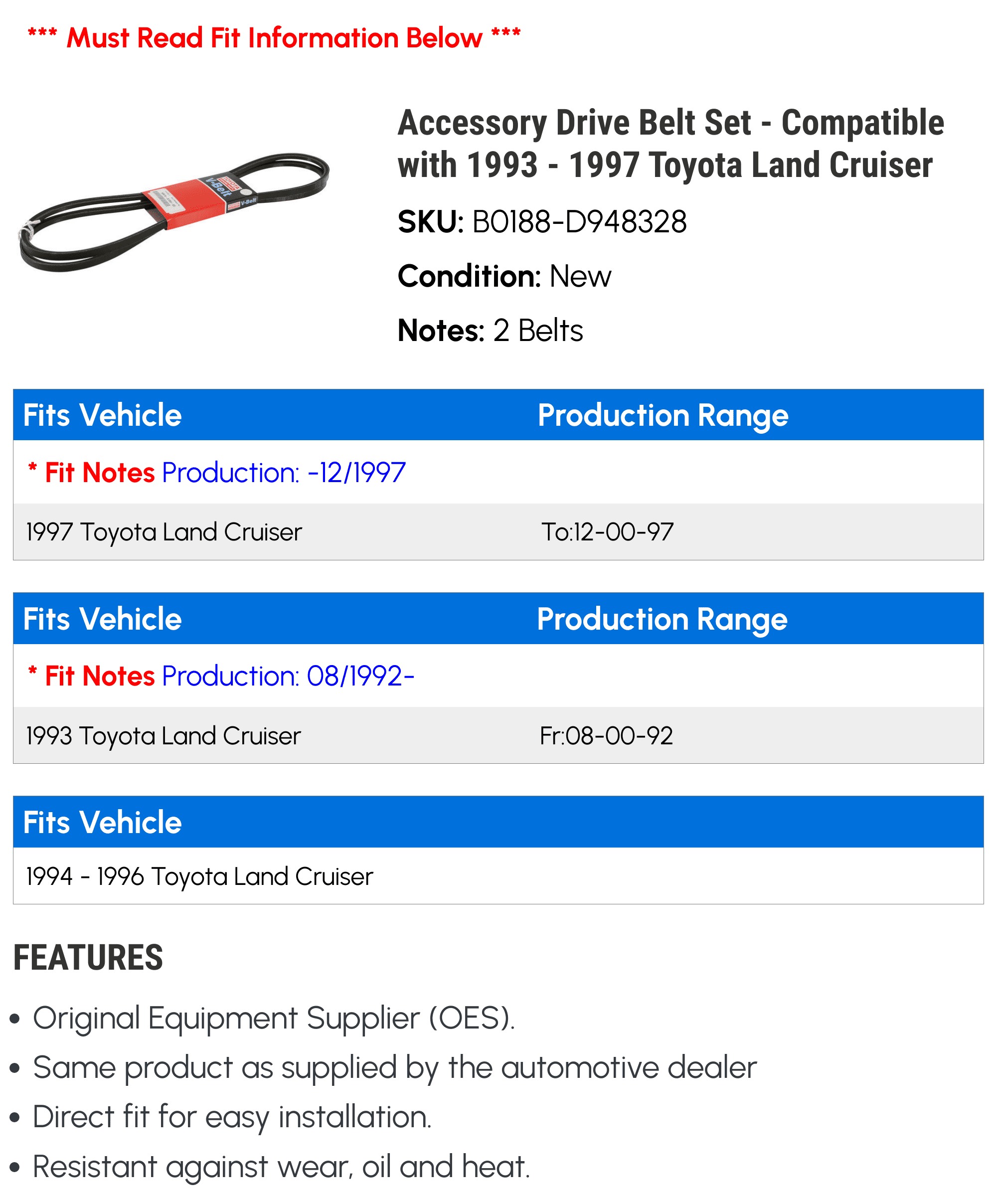 Accessory Drive Belt Set - Compatible with 1993 - 1997 Toyota Land Cruiser 1994 1995 1996