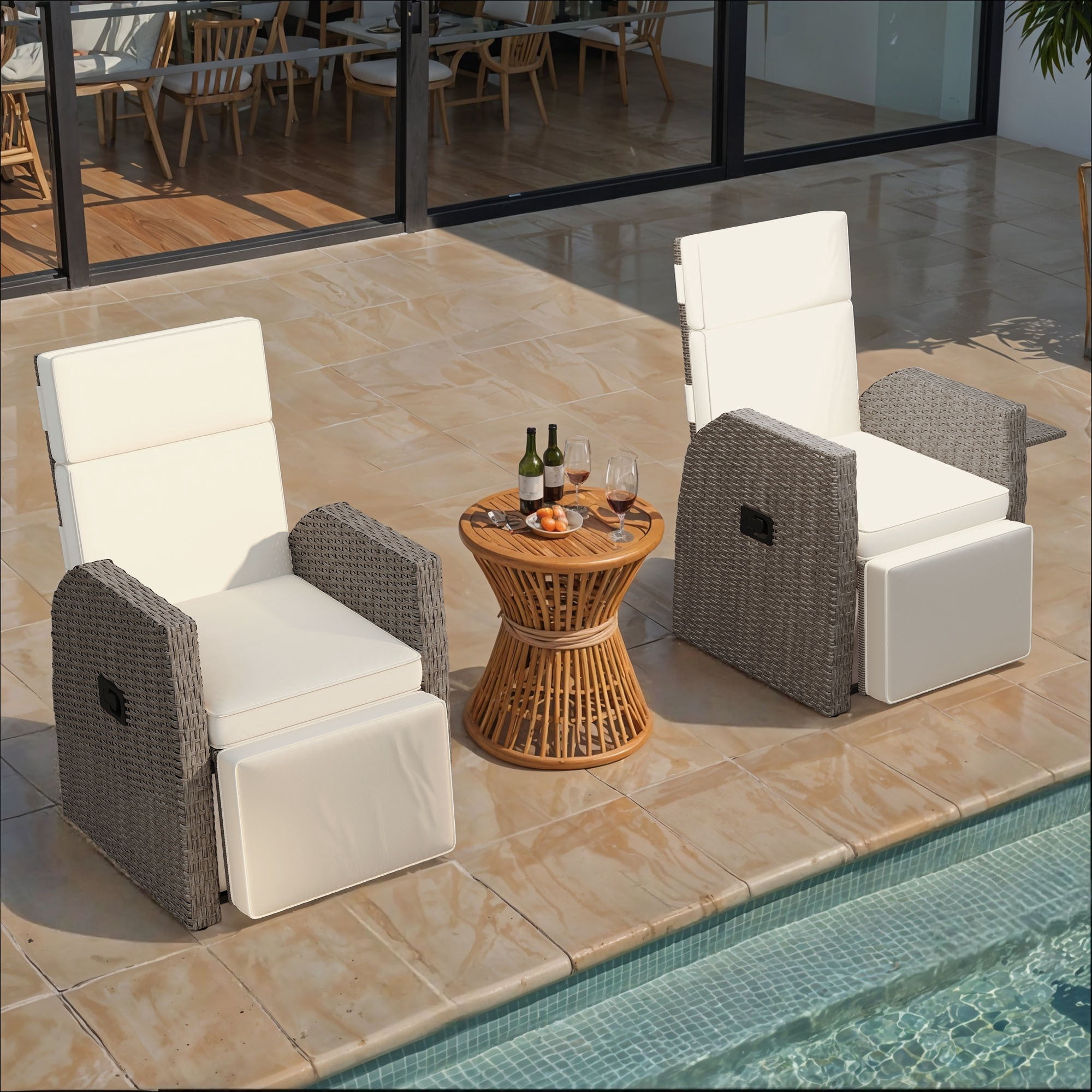 Uforic Beige Adjustable Outdoor Lounge Chair, Wicker Patio Recliner with Adjustable Angles, Side Flip Table and Thick Soft Cushion, Perfect for Deck, Backyard, Poolside and Outdoor Relaxation