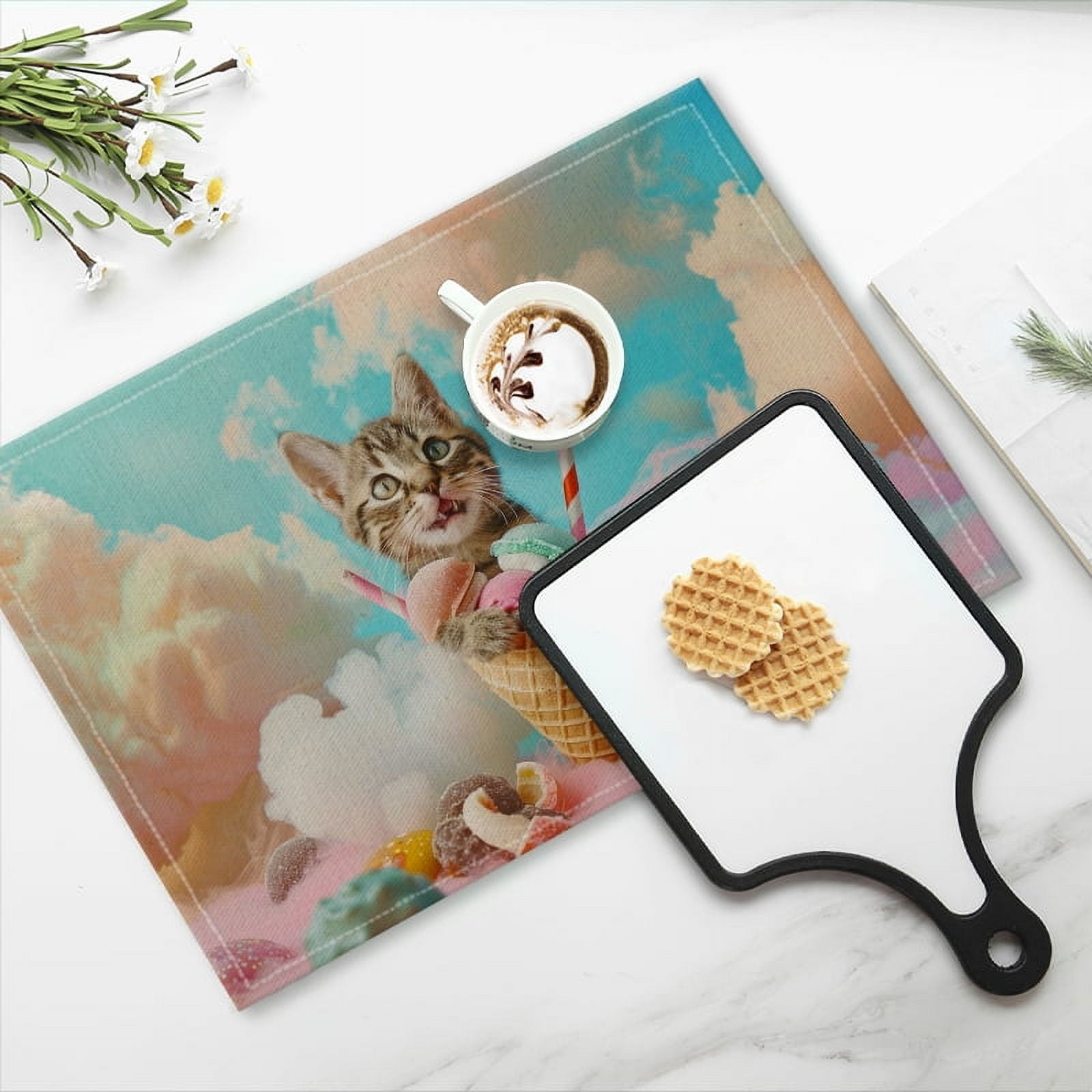 BaHomeck placemats Set of 4 Cute Kitten Sitting In Ice Cream Cone Surrounded By Colorful Candy And Sweets Cotton Linen rectangle Placemats for Kitchen Dining Table Indoor,Outdoor,18*12inch