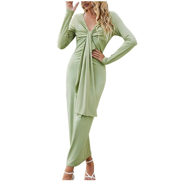 Fesfesfes Women Dress Casual Sexy Irregular V-Neck Neck Waist Pleated Solid Color Long Sleeve Maxi Dress Under $10