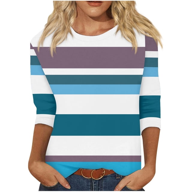 cfhntfmh Hauts pour Femmes 2024 Automne Tendance à Blocs de Couleur Blouses à Col Rond Décontractées Manches 3/4 Tuniques Amples