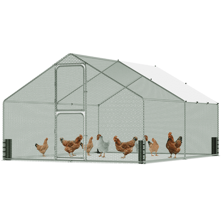 Large Metal Chicken Coop, Chicken Run with Feeding Door, Security Lock and Cover, Outdoor Walk-in Duck/Rabbit Cage Poultry Pen for Backyard, Farm, Yard