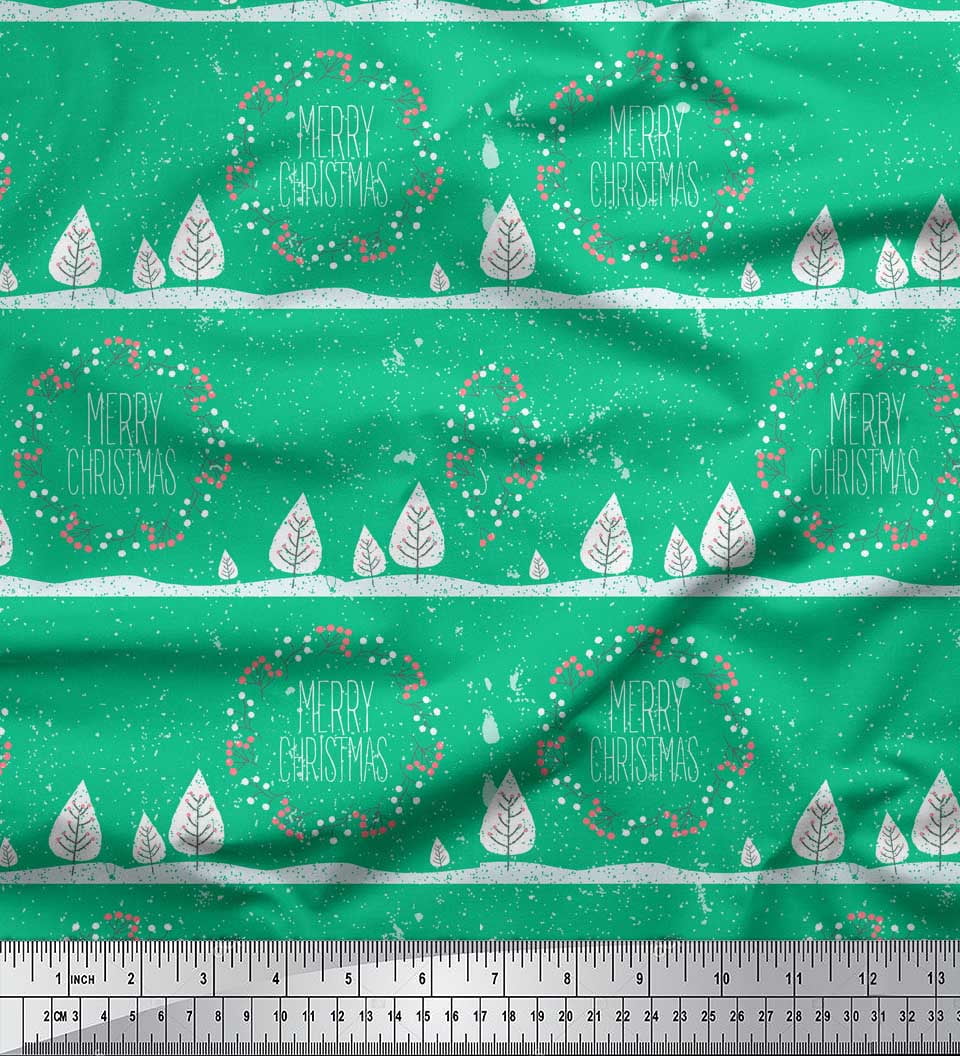 Soimoi Green Japan Crepe Satin Fabric Red Berries & Merry Christmas Text Print Fabric by Yard 42 Inch Wide