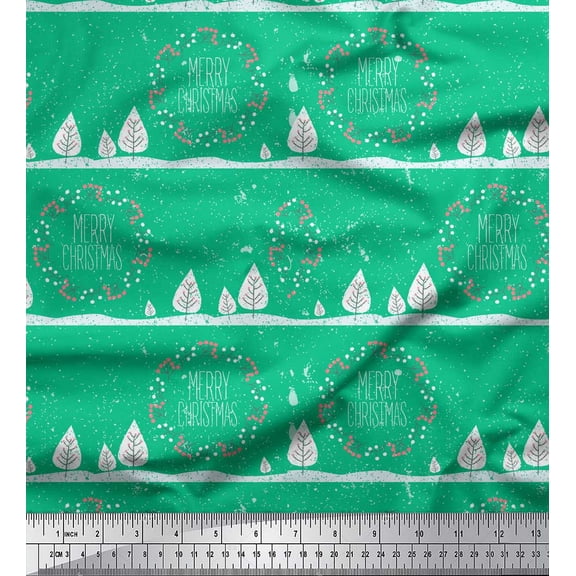 Soimoi Green Moss Georgette Fabric Red Berries & Merry Christmas Text Decor Fabric Printed Yard 42 Inch Wide