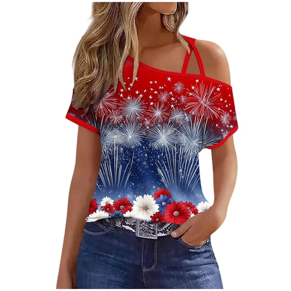 4th of July Outfits for Women Cold Shoulder Short Sleeve Casual Top with Straps Independence Day Print Shirt for Patriotic Party