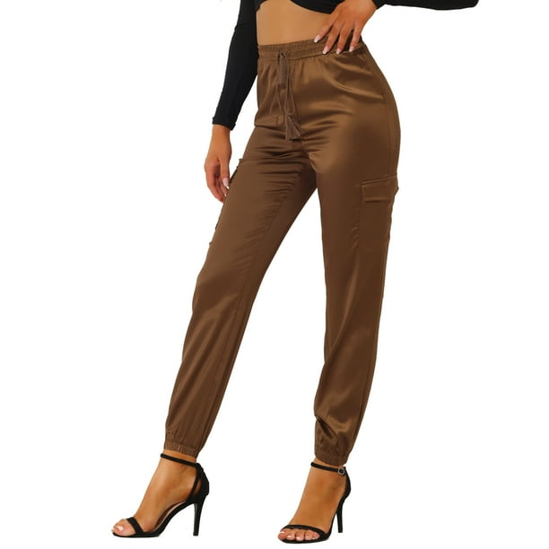 Pantalones cargo de satén sedoso de tiro alto elástico con cordón para mujer Café L