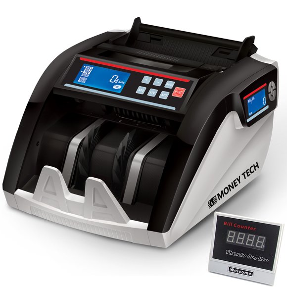 Money Tech Polymer & Paper Multi-Currency Bill Cash Counter. Canadian Plastic & USD Banknote Counting Machine with Counterfeit Detection and LCD Screens