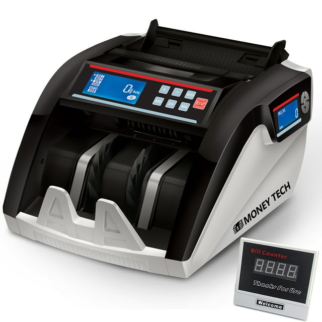Money Tech Polymer & Paper Multi-Currency Bill Cash Counter. Canadian Plastic & USD Banknote Counting Machine with Counterfeit Detection and LCD Screens