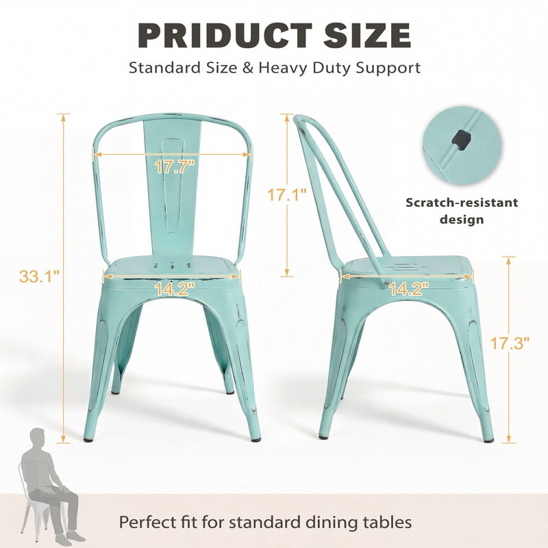VINEEGO Metal Dining Chair Indoor-Outdoor Use Stackable Classic Trattoria Chair Fashion Dining Metal Side Chairs for Bistro Cafe Restaurant Set of 4 (Distressed Blue)