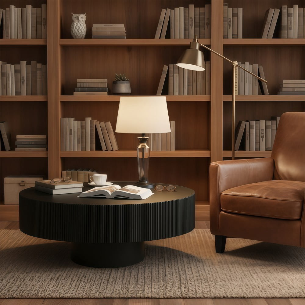 Round Fluted Coffee Table, Modern Pedestal Coffee Table for Living Room, Mid Century Modern Side Table, Small Space Accent Table, Black